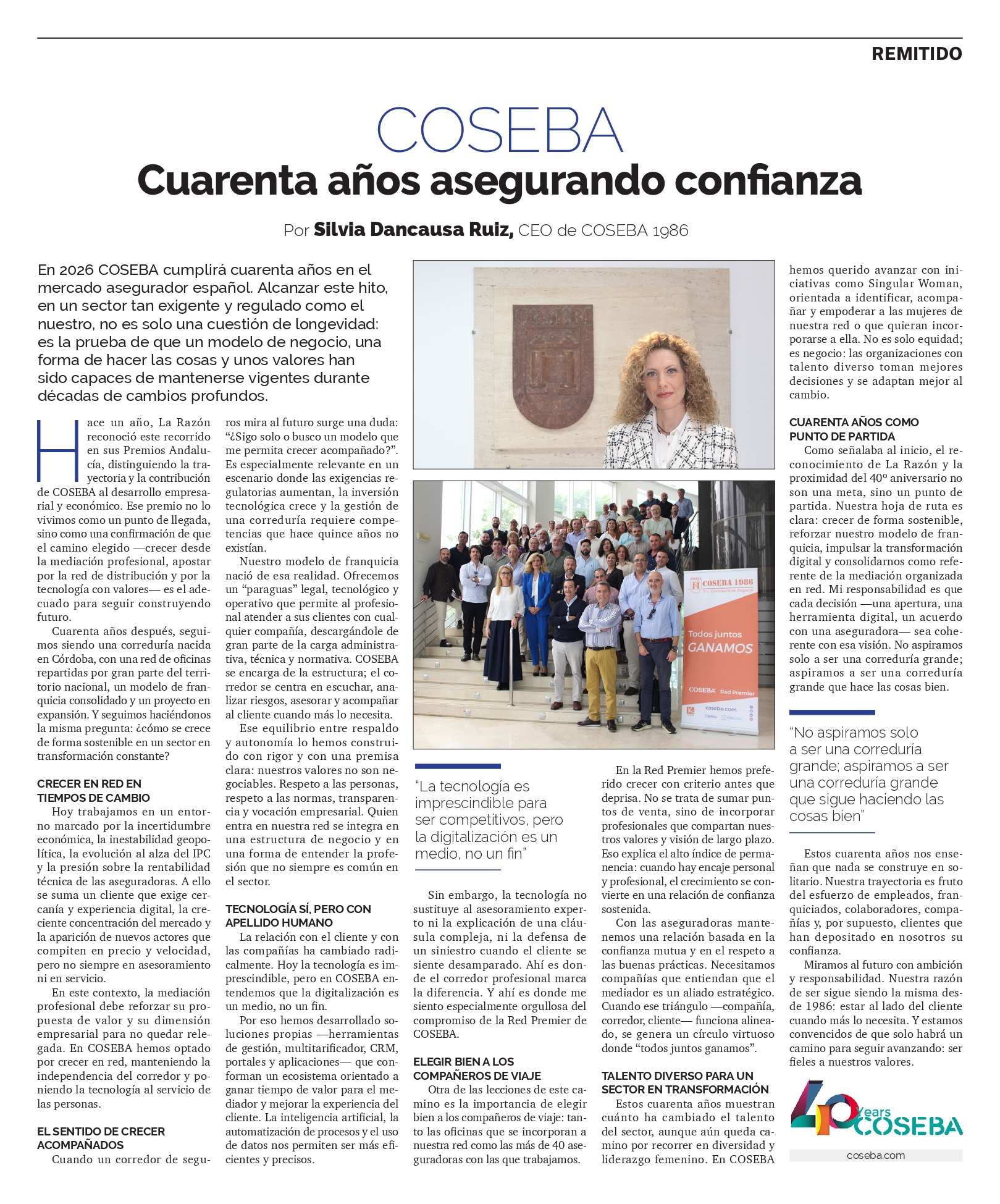 Imagen del artículo del reportaje a Silvia Dancausa, sobre el 40 aniversario de Coseba