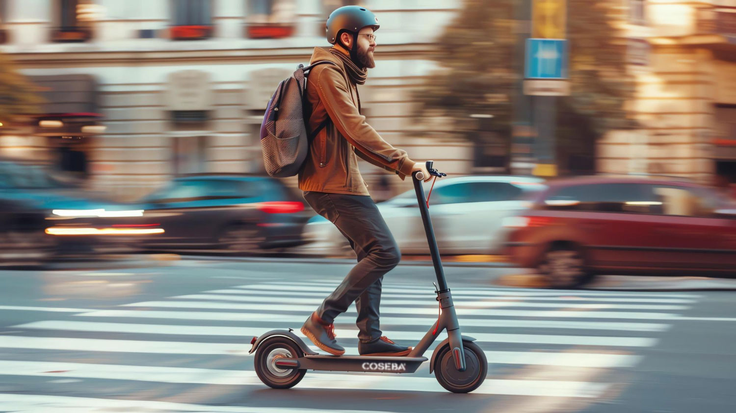 Persona conduciendo un patinete eléctrico con casco y número de registro en ciudad moderna.
